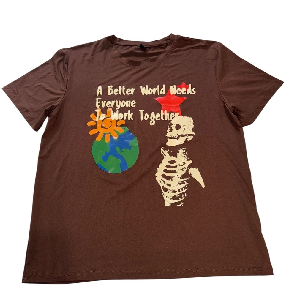 ROMWE Brown Graphic Tee with Earth and Skeleton Design